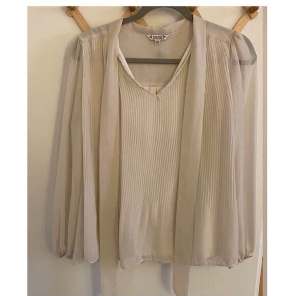 Nanette Lepore Top Women's Medium Cream Pleated Blouse Tie Long Sleeve Sheer - Picture 2 of 6